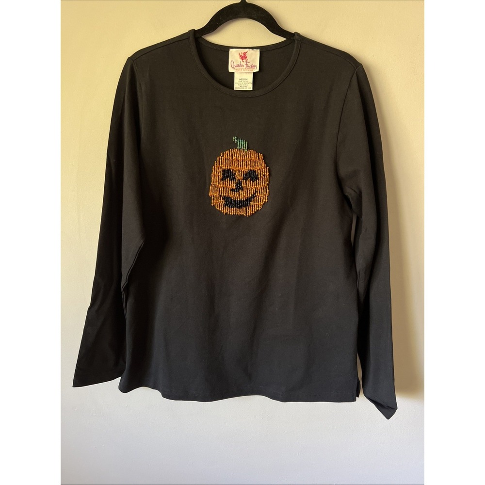 Quaker Factory Top Shirt Black Beaded Pumpkin Women's Size M Fall Halloween